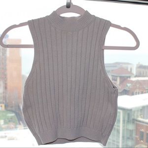 Beige Mock Turtle Neck Ribbed Crop Top